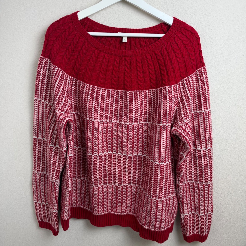 Talbots Cable Knit Yoke Sweater XL Red Textured Basketweave Holiday Pullover